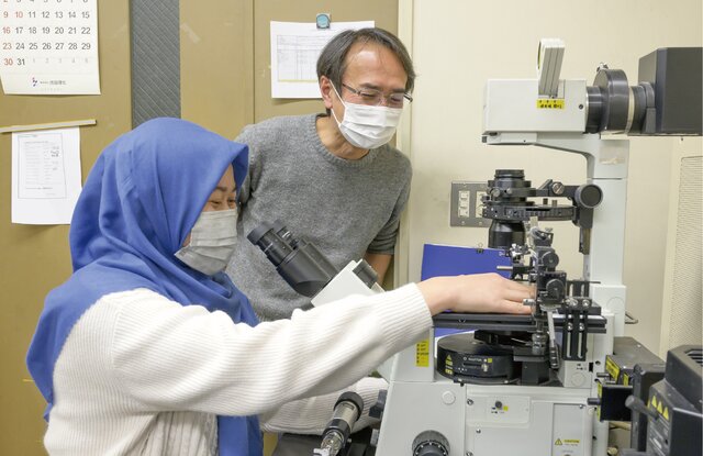 研究する学生と岡本 龍史教授